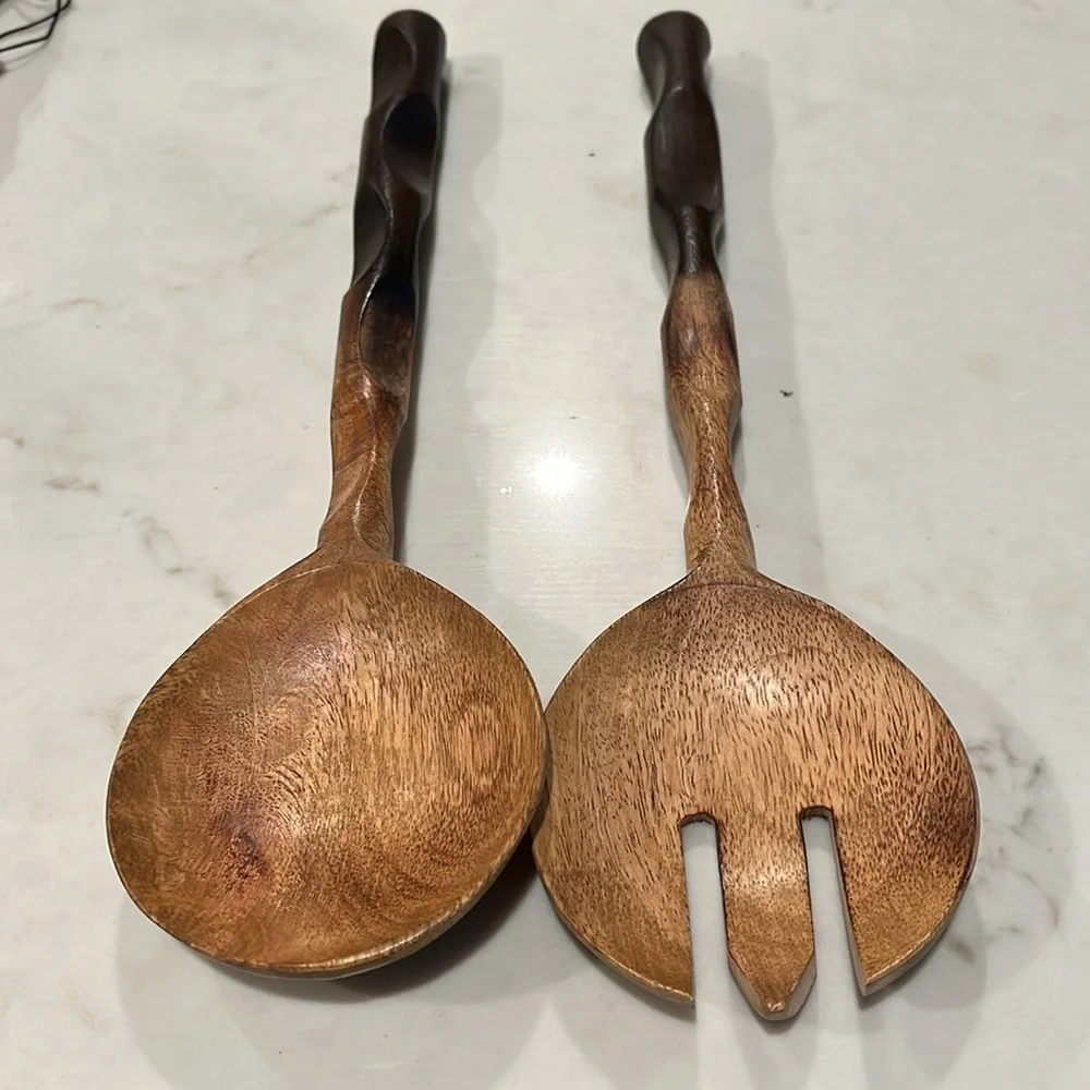 Natural & Espresso Mango Wood Salad Server Set with Drawstring Bag/NWT